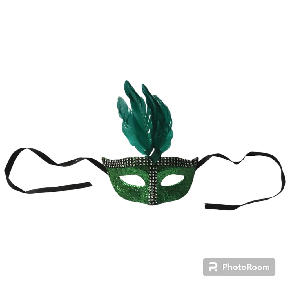 Emerald Green Masquerade Mask Rhinestone and Feather Peacock Style Venetian Gala